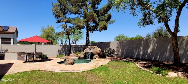 view of yard with a fenced backyard and a patio area