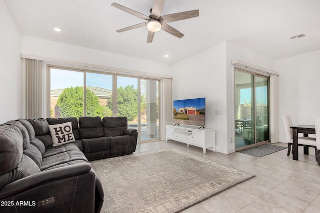 living room with ceiling fan