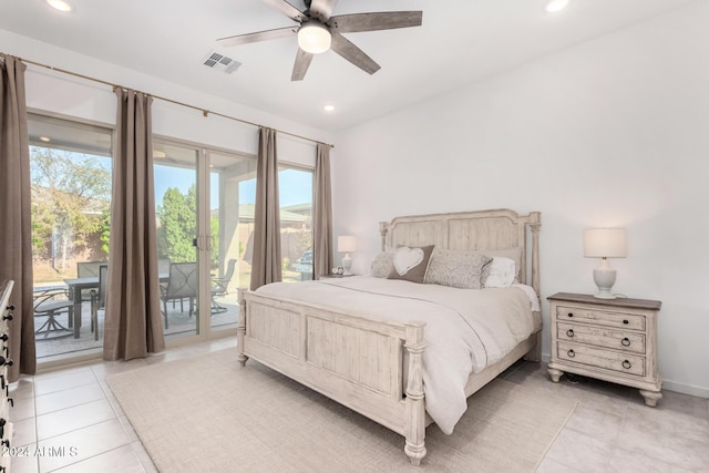 bedroom with tile patterned floors, ceiling fan, and access to outside