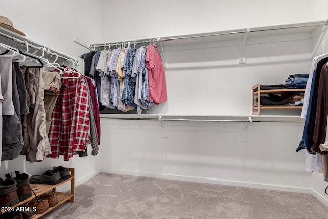 walk in closet featuring light carpet