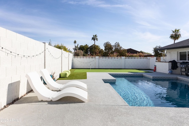 8132 E Valley View Rd, Scottsdale, AZ 85250 - view of pool with grilling area, a fenced backyard, a fenced in pool, and a patio