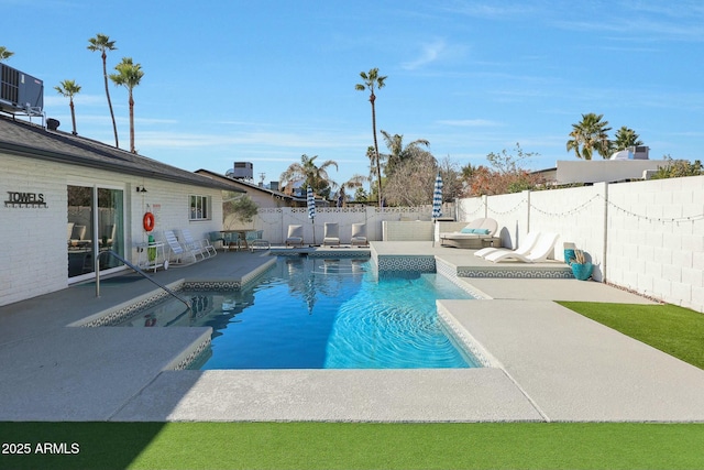 8132 E Valley View Rd, Scottsdale, AZ 85250 - view of swimming pool featuring a fenced backyard, central air condition unit, a patio, and a fenced in pool