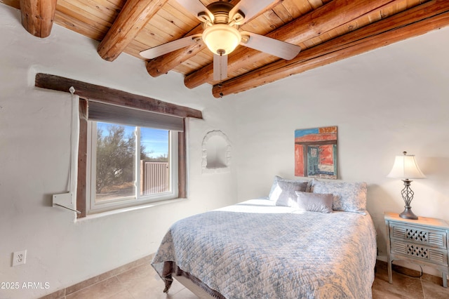 bedroom with beamed ceiling, wooden ceiling, and ceiling fan