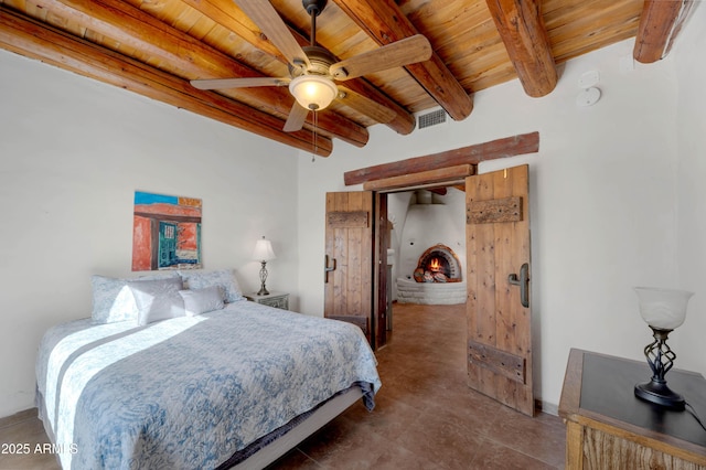 bedroom with ceiling fan, beam ceiling, and wooden ceiling