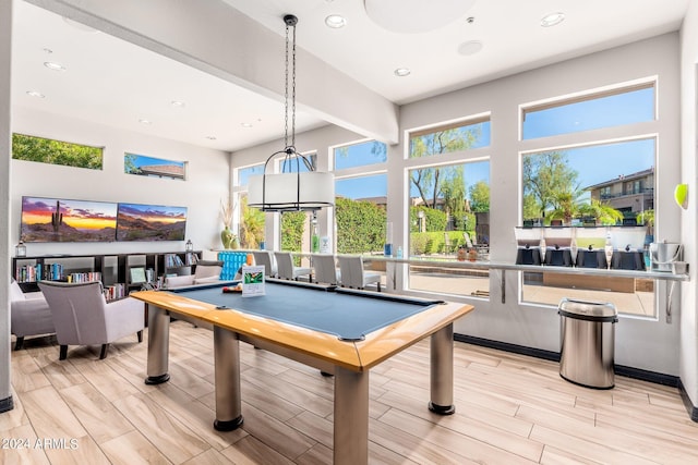 playroom featuring beam ceiling, recessed lighting, billiards, and wood finish floors