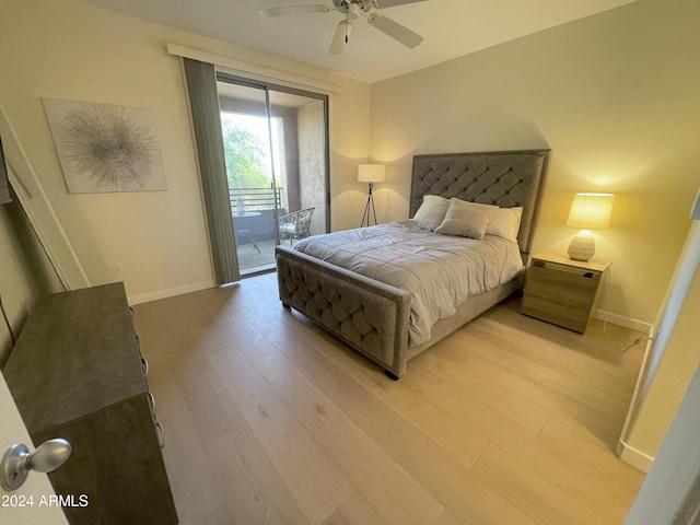 bedroom featuring access to exterior, light wood-style floors, baseboards, and ceiling fan