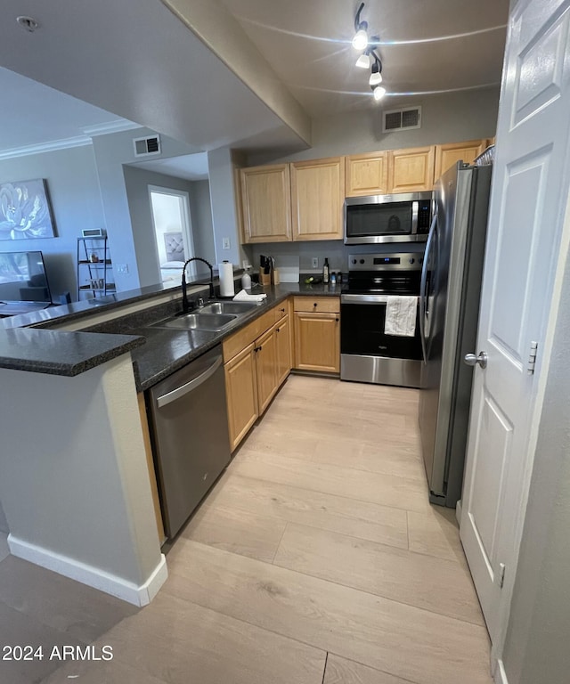 kitchen featuring visible vents, light brown cabinets, a peninsula, stainless steel appliances, and a sink