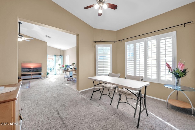 office with light carpet, vaulted ceiling, and ceiling fan