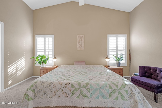 carpeted bedroom featuring multiple windows, beamed ceiling, and high vaulted ceiling