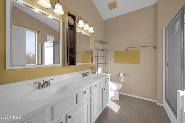 bathroom featuring toilet, an enclosed shower, lofted ceiling, and vanity