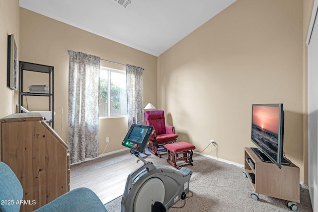 living area featuring light carpet and vaulted ceiling