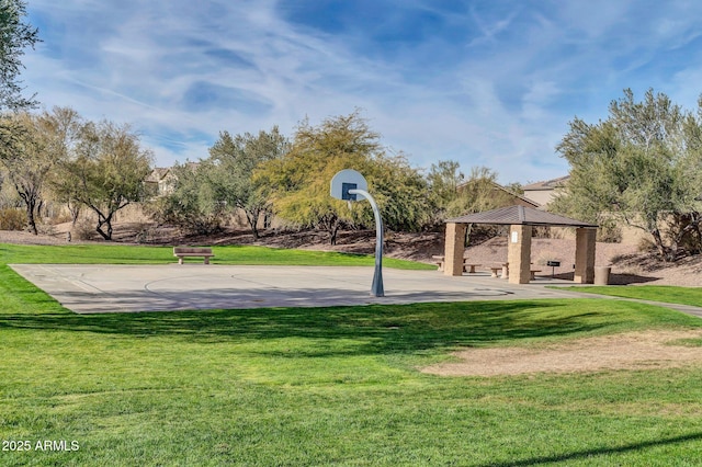 surrounding community featuring a gazebo, basketball court, and a yard