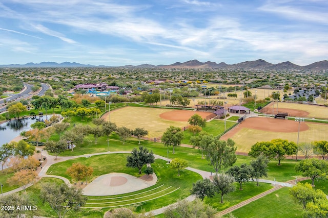 birds eye view of property featuring a water and mountain view