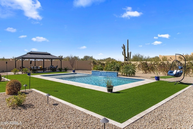 outdoor pool with a patio area, a fenced backyard, a lawn, and a gazebo