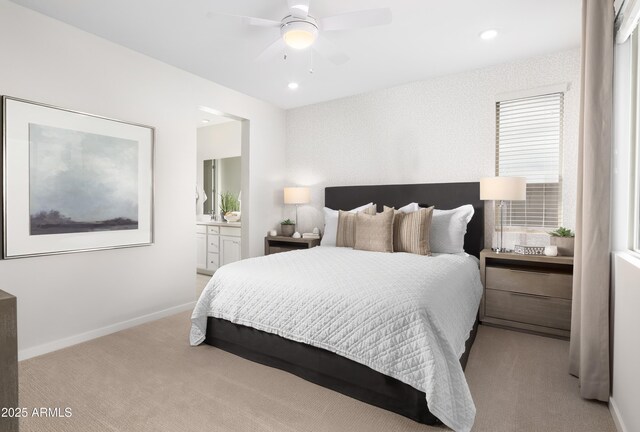 22319 W Monona Ln, Surprise, AZ 85387 - carpeted bedroom with ensuite bathroom, recessed lighting, baseboards, and a ceiling fan