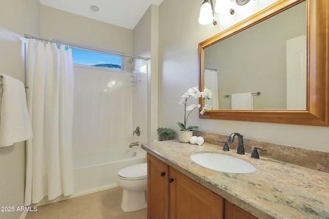 full bathroom with vanity, shower / bath combination with curtain, and toilet