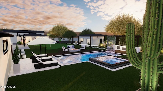 pool at dusk featuring an in ground hot tub, an outdoor living space, a patio, and an outbuilding