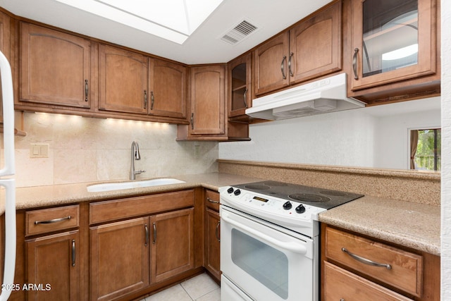 kitchen with under cabinet range hood, a sink, visible vents, electric stove, and brown cabinetry