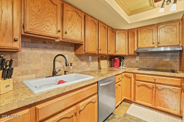 kitchen with decorative backsplash, black electric cooktop, stainless steel dishwasher, and sink