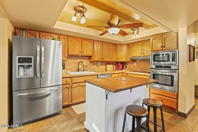 kitchen with a kitchen breakfast bar, a raised ceiling, sink, and appliances with stainless steel finishes