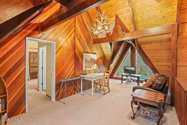 bonus room with vaulted ceiling with beams, wooden walls, light colored carpet, and wooden ceiling