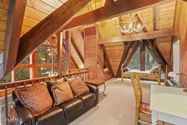 carpeted living room with lofted ceiling with beams and wooden ceiling