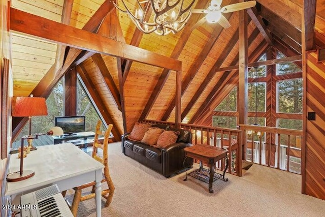 carpeted living room with wooden ceiling, ceiling fan, and lofted ceiling with beams