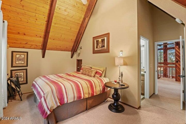 bedroom with wooden ceiling, beamed ceiling, light colored carpet, and high vaulted ceiling