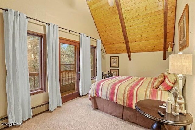 bedroom with lofted ceiling with beams, baseboard heating, light carpet, and wooden ceiling