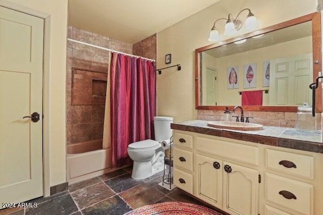 full bathroom with vanity, toilet, and shower / bathtub combination with curtain