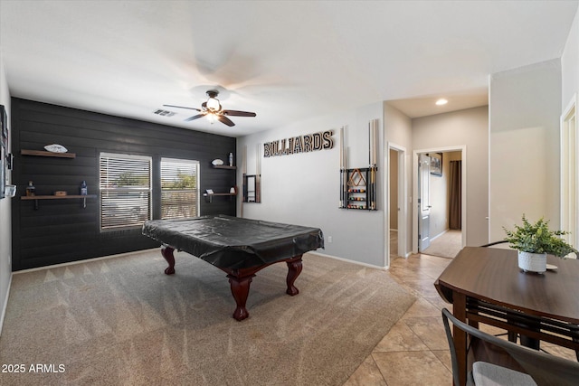 game room with recessed lighting, pool table, baseboards, visible vents, and a ceiling fan