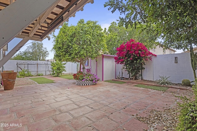 view of patio with a fenced backyard, a storage unit, and an outbuilding