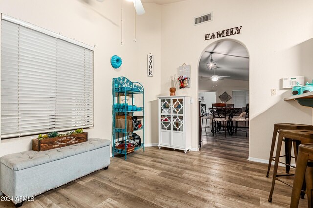 interior space featuring a towering ceiling, hardwood / wood-style flooring, and ceiling fan