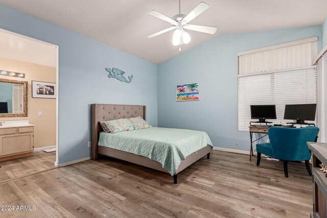 bedroom with vaulted ceiling, ceiling fan, and light hardwood / wood-style floors