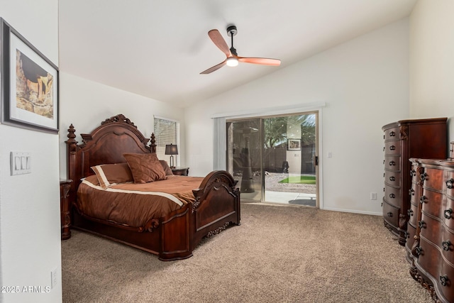 carpeted bedroom with lofted ceiling, access to outside, and a ceiling fan