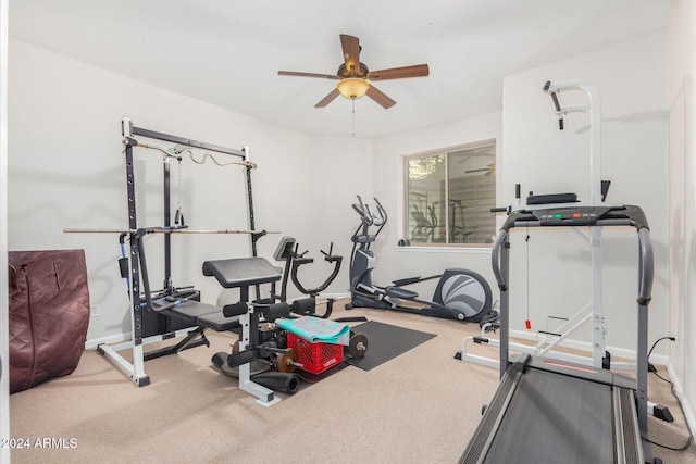 exercise area featuring carpet floors and ceiling fan