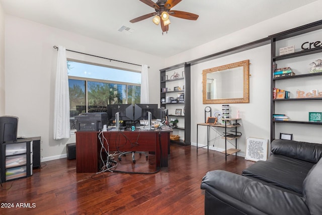 office featuring dark hardwood / wood-style flooring and ceiling fan