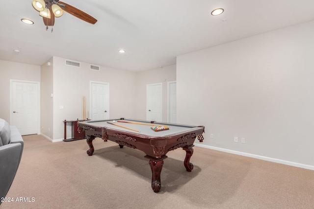 game room with light carpet, ceiling fan, and billiards