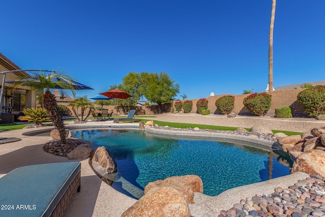 view of swimming pool featuring a patio area