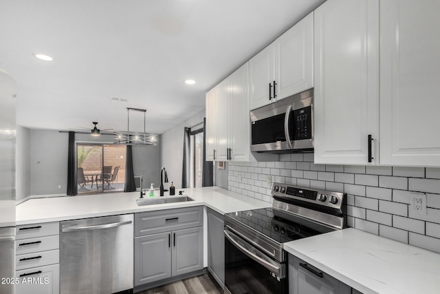 1180 W Rosal Ave, Apache Junction, AZ 85120 - kitchen featuring stainless steel appliances, a sink, a peninsula, a ceiling fan, and wood finished floors