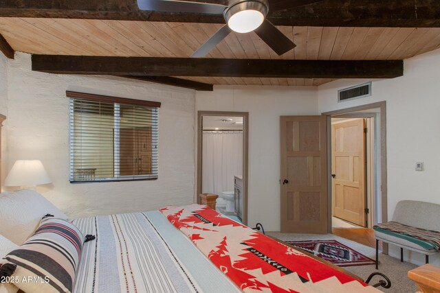 6840 E 2nd St Unit 23, Scottsdale, AZ 85251 - bedroom featuring wood ceiling with exposed beams, ensuite bathroom, and a ceiling fan