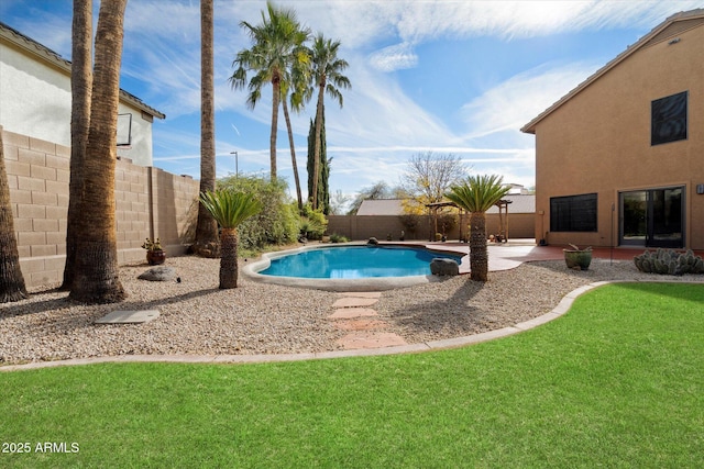 view of swimming pool featuring a lawn and a patio area