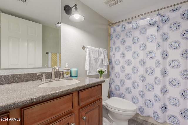 bathroom featuring vanity, toilet, and a shower with shower curtain