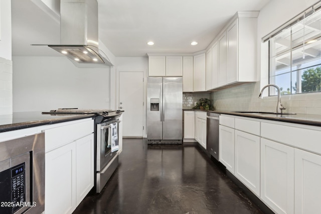 2740 N 21st Dr, Phoenix, AZ 85009 - kitchen featuring finished concrete flooring, backsplash, appliances with stainless steel finishes, range hood, and a sink