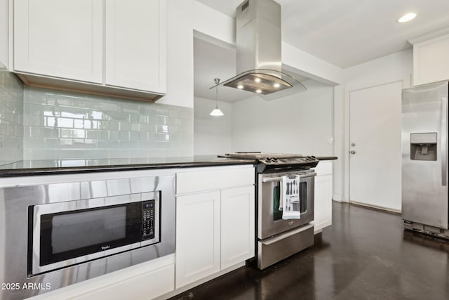 2740 N 21st Dr, Phoenix, AZ 85009 - kitchen with stainless steel appliances, backsplash, island range hood, concrete floors, and white cabinetry