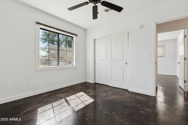 2740 N 21st Dr, Phoenix, AZ 85009 - unfurnished bedroom featuring visible vents, a closet, baseboards, finished concrete flooring, and ceiling fan