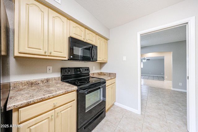 7439 E Ed Rice Ave, Mesa, AZ 85208 - kitchen with black appliances, light tile patterned flooring, baseboards, a ceiling fan, and light brown cabinetry
