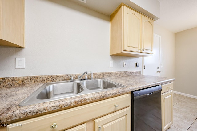 7439 E Ed Rice Ave, Mesa, AZ 85208 - kitchen featuring black dishwasher, light brown cabinetry, light tile patterned flooring, light countertops, and a sink