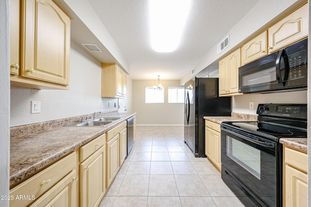 7439 E Ed Rice Ave, Mesa, AZ 85208 - kitchen featuring black appliances, a sink, a chandelier, light brown cabinetry, and light countertops