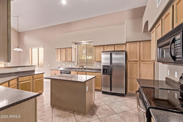 21373 N 94th Ave, Peoria, AZ 85382 - kitchen with light brown cabinetry, a center island, a sink, light tile patterned floors, and stainless steel appliances
